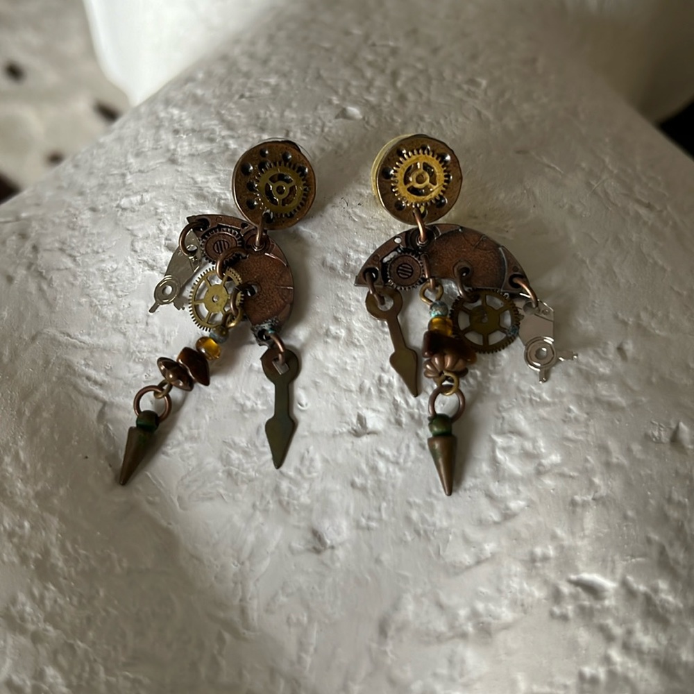 Steampunk Watch Clock Dangle Earrings Post Gears … - image 1